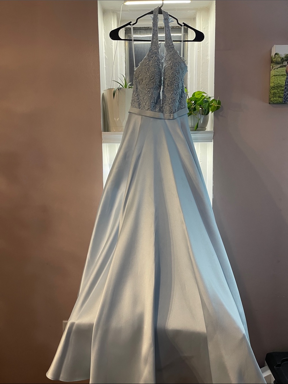 Light Blue Halter Lace Bodice Evening Gown